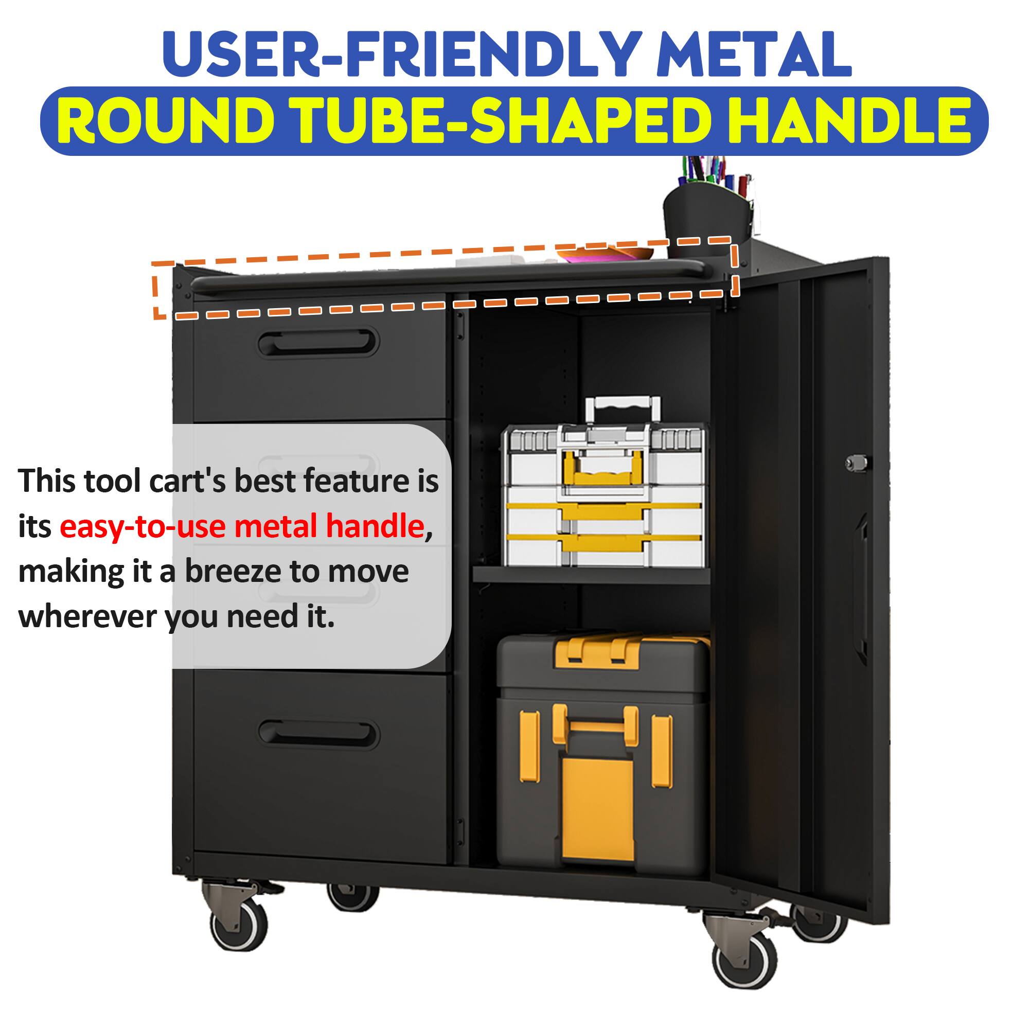 USER-FRIENDLY METAL ROUND TUBE-SHAPED HANDLE

This tool cart's best feature is its easy-to-use metal handle, making it a breeze to move wherever you need it.