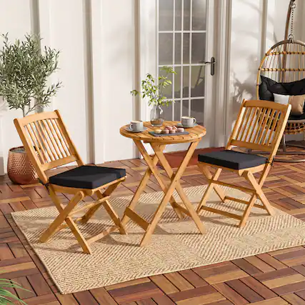 Front. Costway - Costway 3 Pieces Acacia Wood Patio Folding Bistro Set with Soft Cushions for Porch, Balcony - Natural+Black.