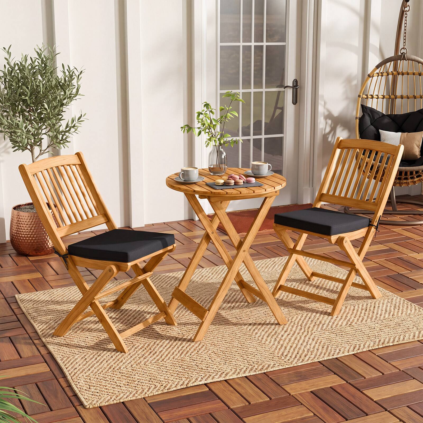 Front. Costway - Costway 3 Pieces Acacia Wood Patio Folding Bistro Set with Soft Cushions for Porch, Balcony - Natural+Black.