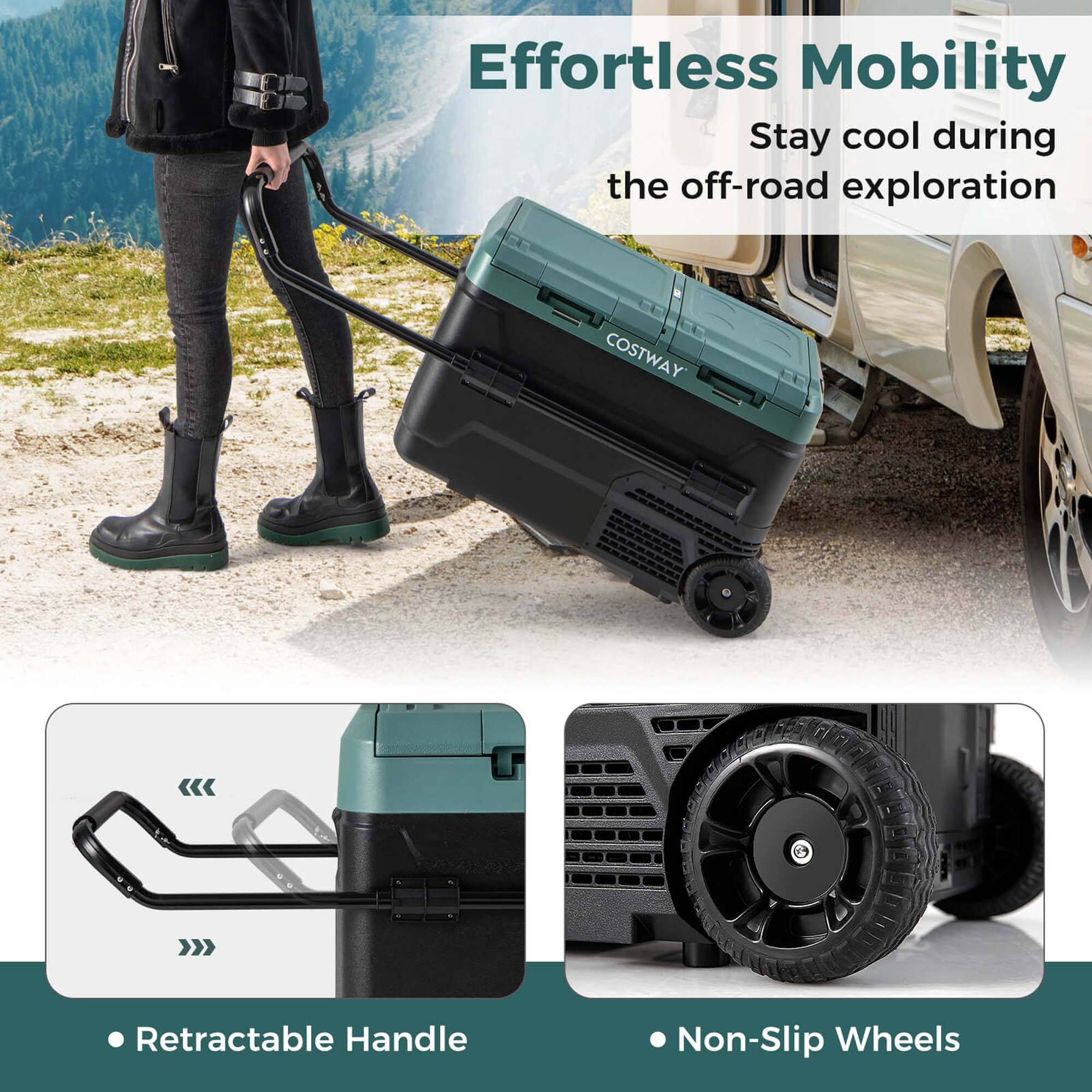 Effortless Mobility: Stay cool during the off-road exploration with the Costway portable cooler. Featuring a retractable handle and non-slip wheels, this cooler is designed for easy transportation and use in various outdoor settings.
