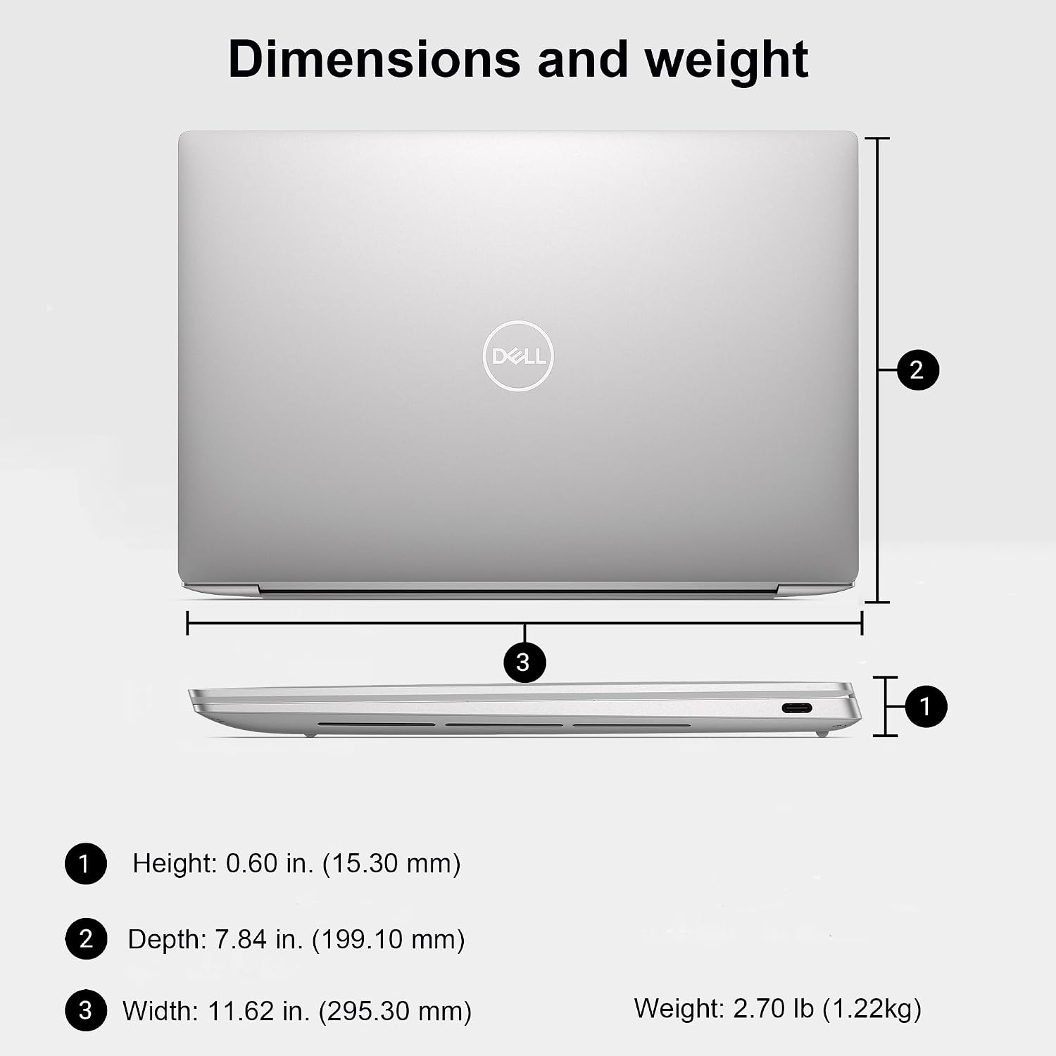 Dimensions and weight

1. Height: 0.60 in. (15.30 mm)
2. Depth: 7.84 in. (199.10 mm)
3. Width: 11.62 in. (295.30 mm)
Weight: 2.70 lb (1.22kg)
