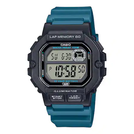 LAP MEMORY 60
CASIO
WATER RESIST 100M
ALM
10 YEAR BATTERY
LIGHT ILLUMINATOR
START STOP LAP RESET
WR