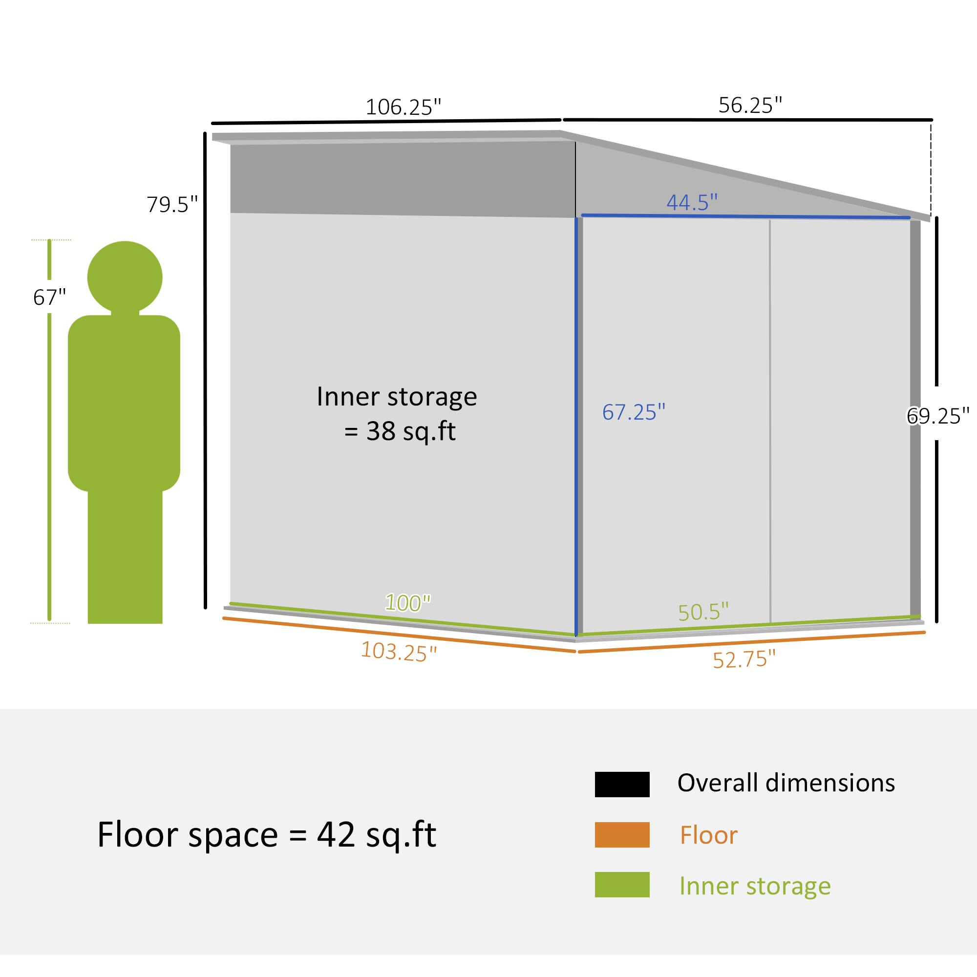 Overall dimensions: 106.25" x 56.25"
Floor: 103.25" x 52.75"
Inner storage: 67.25" x 44.5"
Floor space: 42 sq.ft
Inner storage: 38 sq.ft