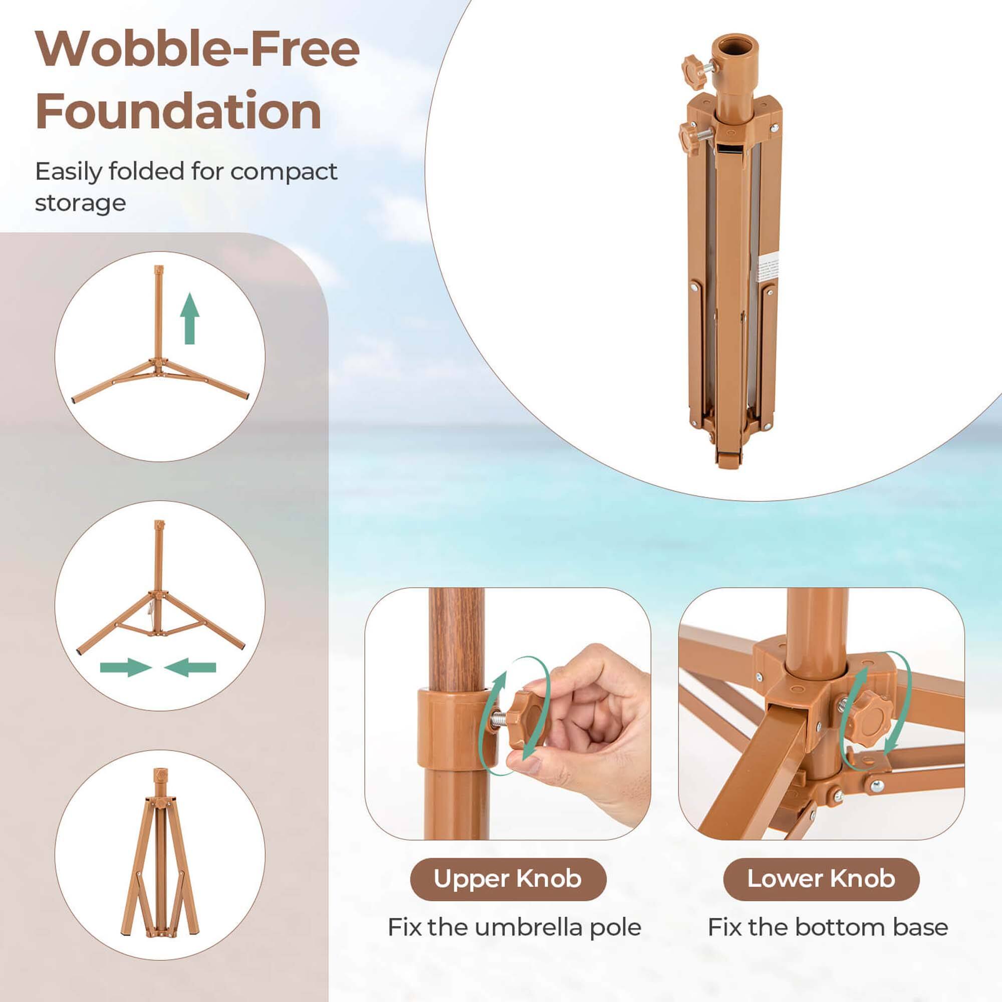 Wobble-Free Foundation: Easily folded for compact storage. Upper Knob: Fix the umbrella pole. Lower Knob: Fix the bottom base.
