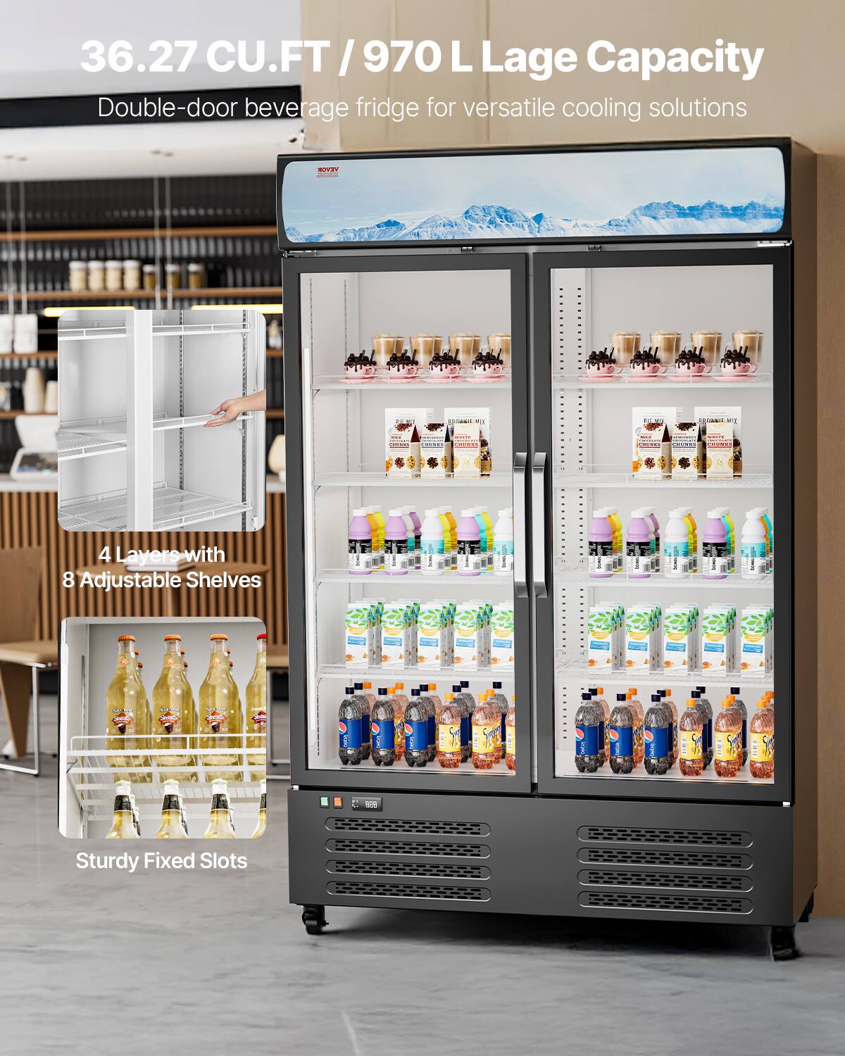 36.27 CU.FT / 970 L Lage Capacity Double-door beverage fridge for versatile cooling solutions

4 Layers with 8 Adjustable Shelves

Sturdy Fixed Slots