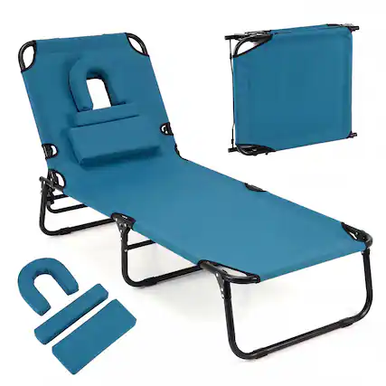 Front. Costway - Costway Folding Beach Sun Lounger with Face Hole & Removable Pillows, 4-Position Backrest - Blue.