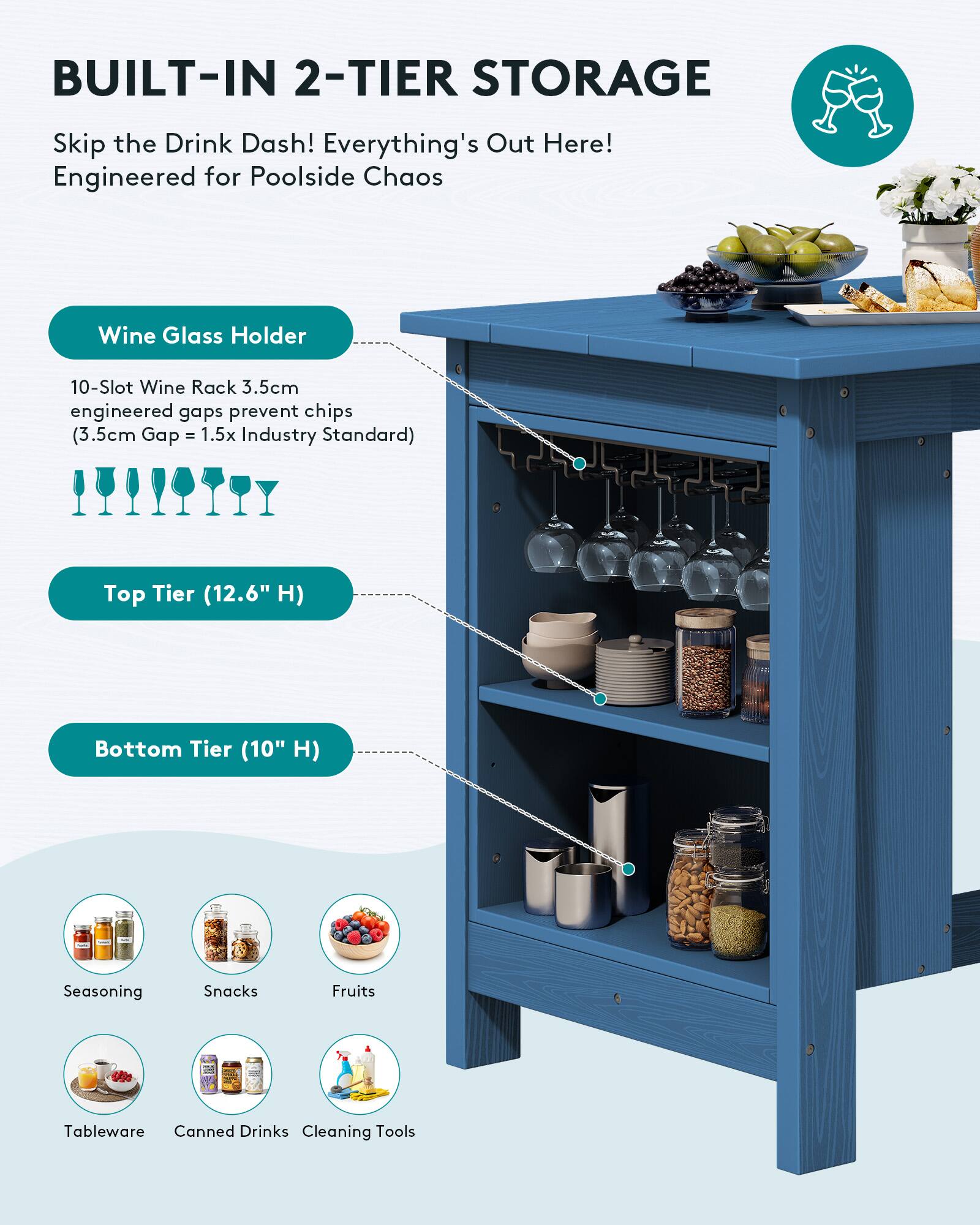 BUILT-IN 2-TIER STORAGE

Skip the Drink Dash! Everything's Out Here! Engineered for Poolside Chaos

Wine Glass Holder
10-Slot Wine Rack 3.5cm engineered gaps prevent chips (3.5cm Gap = 1.5x Industry Standard)

Top Tier (12.6" H)

Bottom Tier (10" H)

Seasoning
Snacks
Fruits
Tableware
Canned Drinks
Cleaning Tools