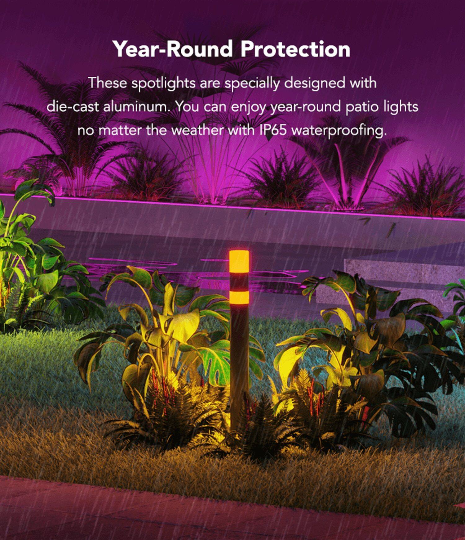 Year-Round Protection: These spotlights are specially designed with die-cast aluminum and feature IP65 waterproofing, allowing you to enjoy year-round patio lights regardless of the weather.