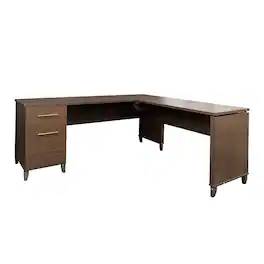 JOMEED - Adjustable 3 Position Sit to Stand L Shaped Office Desk with File Cabinet - Brown