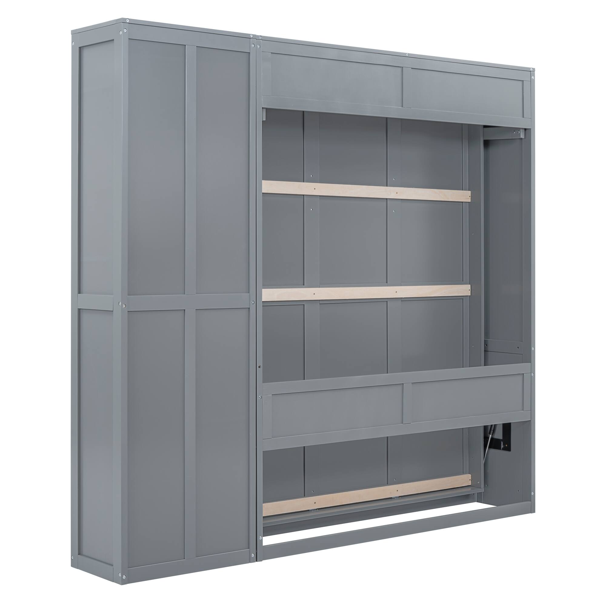 Alt View 6. Tiramisubest - Queen Size Gray Murphy Wall Bed with Shelves, Solid Wood + MDF, Space-Saving - Gray.