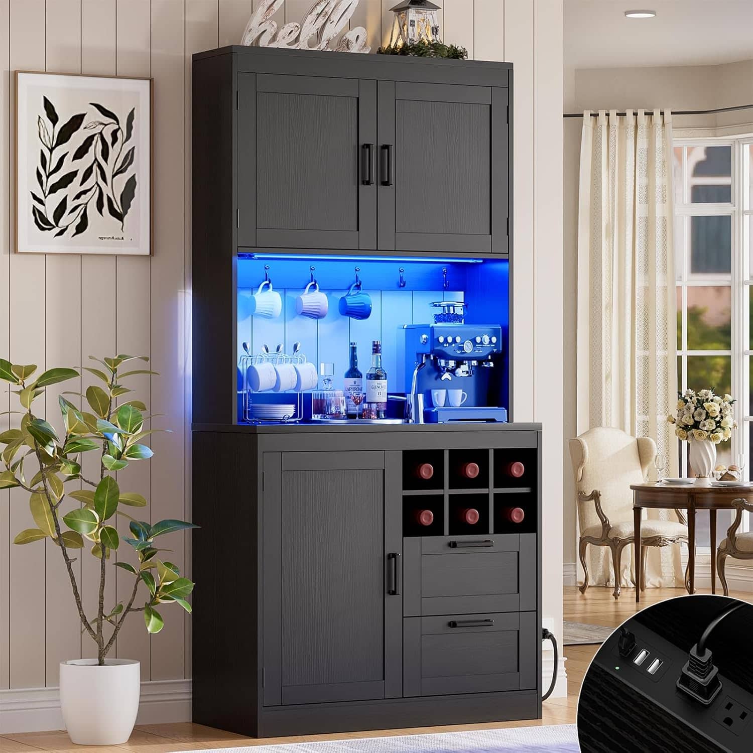 Aheaplus - 72'' Tall Pantry Cabinet with 2 Drawers & Grid Wine Rack, Storage Cabinet with Power Outlets & LED Lights - Black