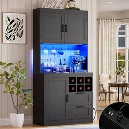 Aheaplus - 72'' Tall Pantry Cabinet with 2 Drawers & Grid Wine Rack, Storage Cabinet with Power Outlets & LED Lights - Black