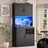 Aheaplus - 72'' Tall Pantry Cabinet with 2 Drawers & Grid Wine Rack, Storage Cabinet with Power Outlets & LED Lights - Black