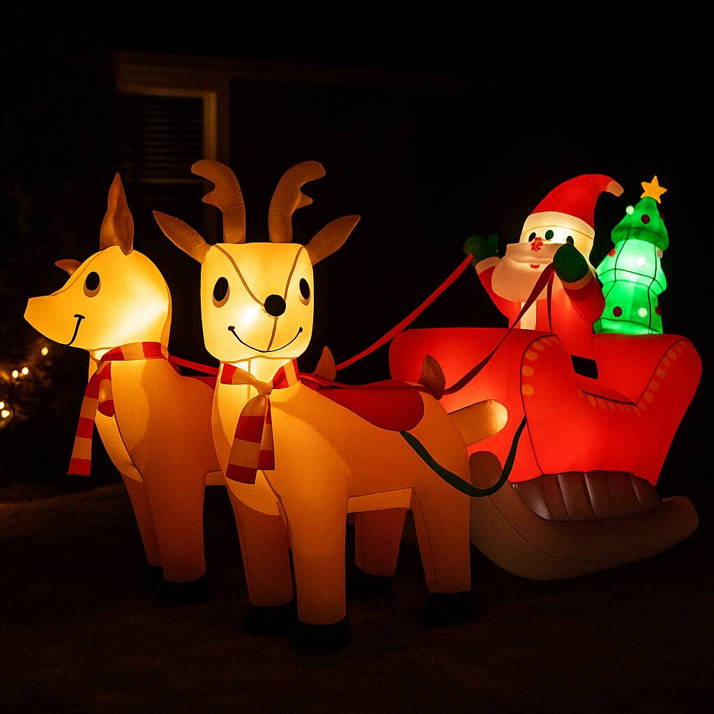 Angle. BreeBe - 7.2FT Lighted Christmas Inflatable Santa on Sleigh Decoration with Built-In LED Lights - Multicolor.