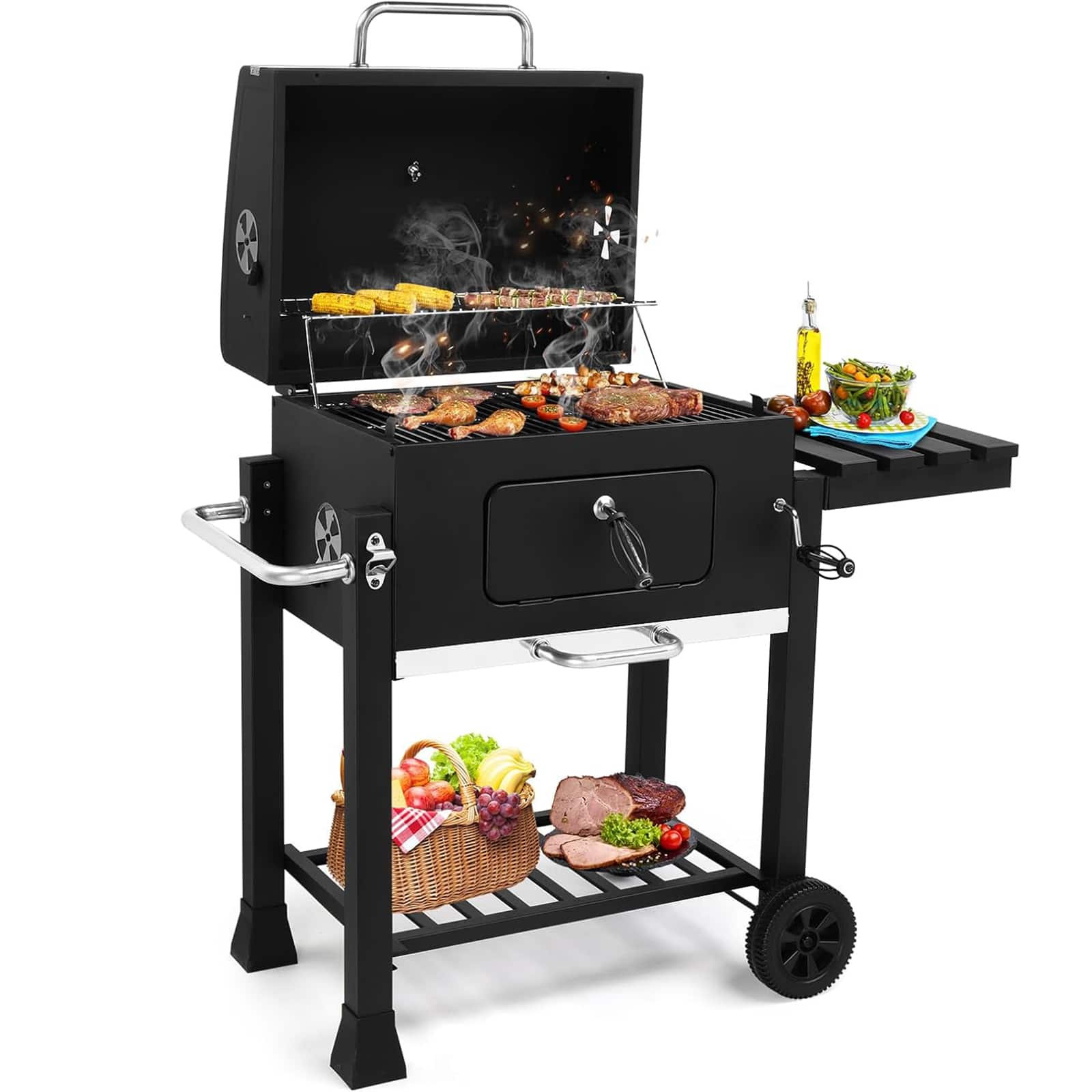 Chateau Abodes - Large Barrel Charcoal Grill, 794 sq in Cooking Area with Adjustable Tray & Foldable Side Table - Black