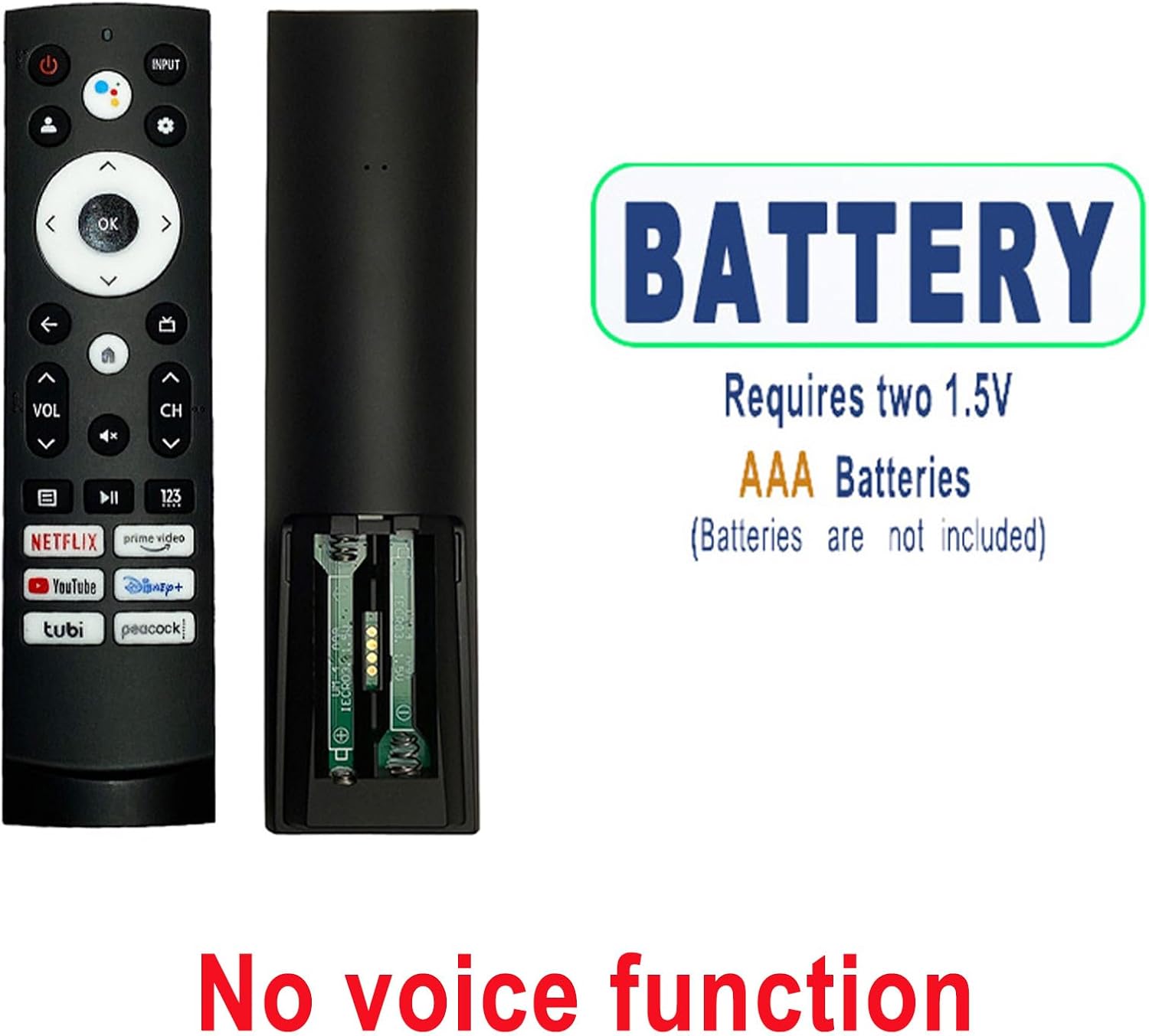 e INPUT OK VOL CH x I 123 NETFLIX prime video YouTube np+ BATTERY Requires two 1.5V AAA Batteries (Batteries are not included) tubi peacock No voice function