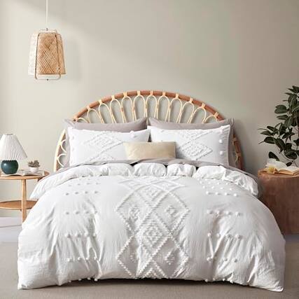 Front. Cedar Assembly - Tufted Duvet Cover Soft And Lightweight Covers Set For All Seasons 3 Pieces Boho Embroidery Shabby Chic - White-Full/Queen(90"×90").