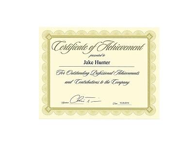 Certificate of Achievement  
presented to  
Jake Hunter  

For Outstanding Professional Achievements and Contributions to the Company  

[Signature]  
[Date] 12/29/2010