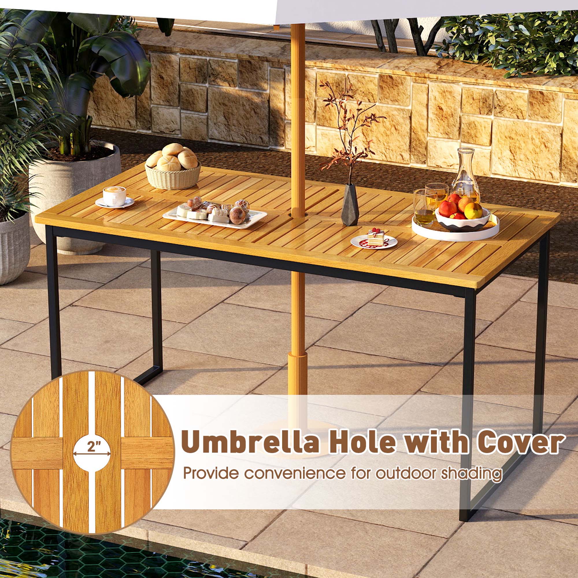 The text on the image reads: "2" Umbrella Hole with Cover Provide convenience for outdoor shading."