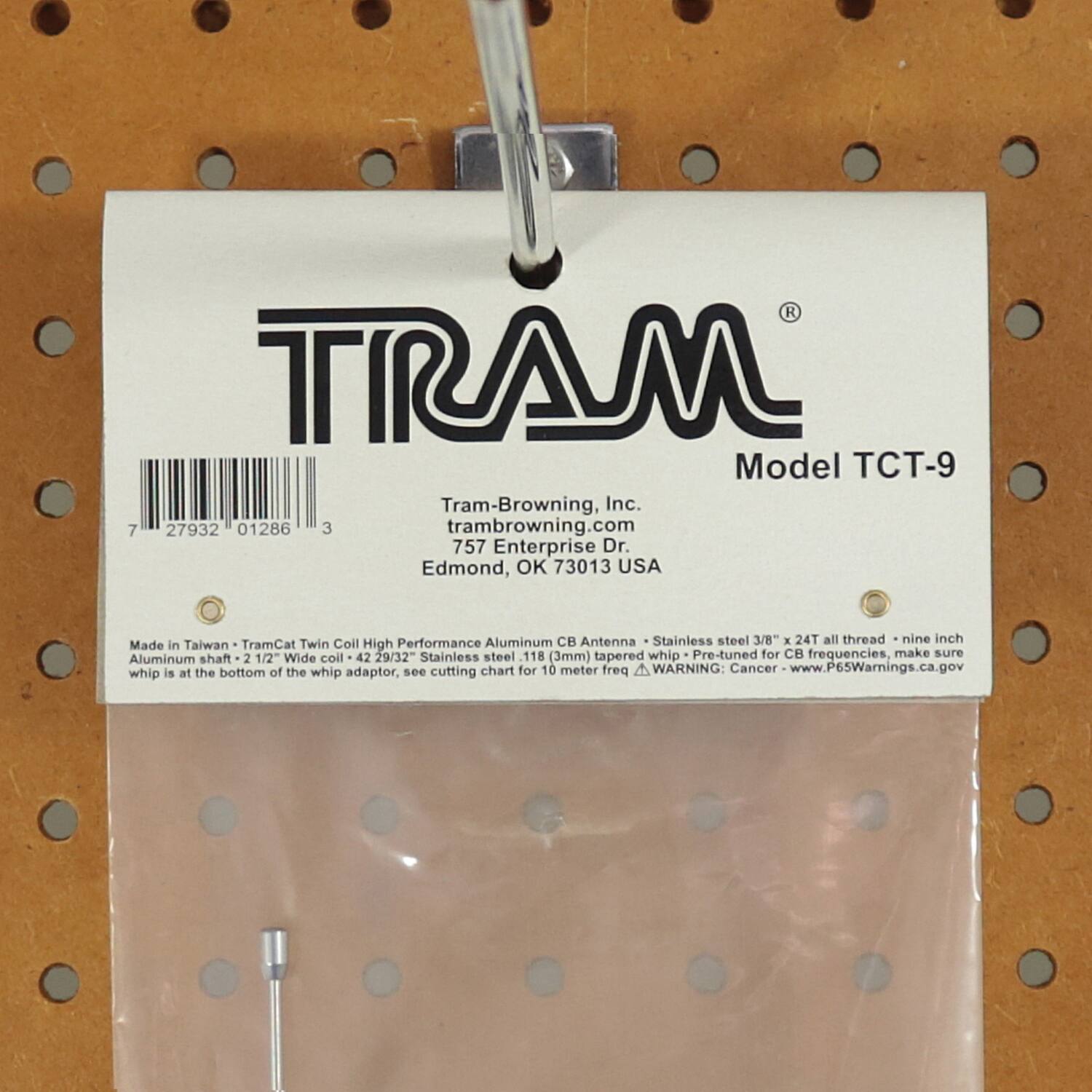 TRAM  
Model TCT-9  

Tram-Browning, Inc.  
tram-browning.com  
757 Enterprise Dr.  
Edmond, OK 73013 USA  

Made in Taiwan - TramCat Twin Coil High Performance Aluminum CB Antenna - Stainless steel 3/8" x 24T all thread - nine inch (3mm) tapered whip - Pre-tuned for CB frequencies, make sure Aluminum shaft 2 1/2" whip is at the bottom of the whip adaptor, see cutting chart for 10 meter freq  

WARNING: Cancer - www.P65Warnings.ca.gov  

7 27932 01286 3