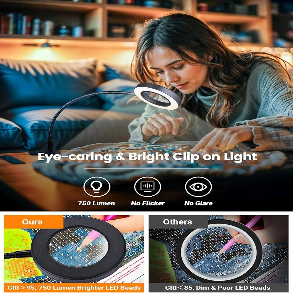 Eye-caring & Bright Clip on Light

750 Lumen  
No Flicker  
No Glare

Ours  
CRI ≥ 95, 750 Lumen Brighter LED Beads

Others  
CRI < 85, Dim & Poor LED Beads