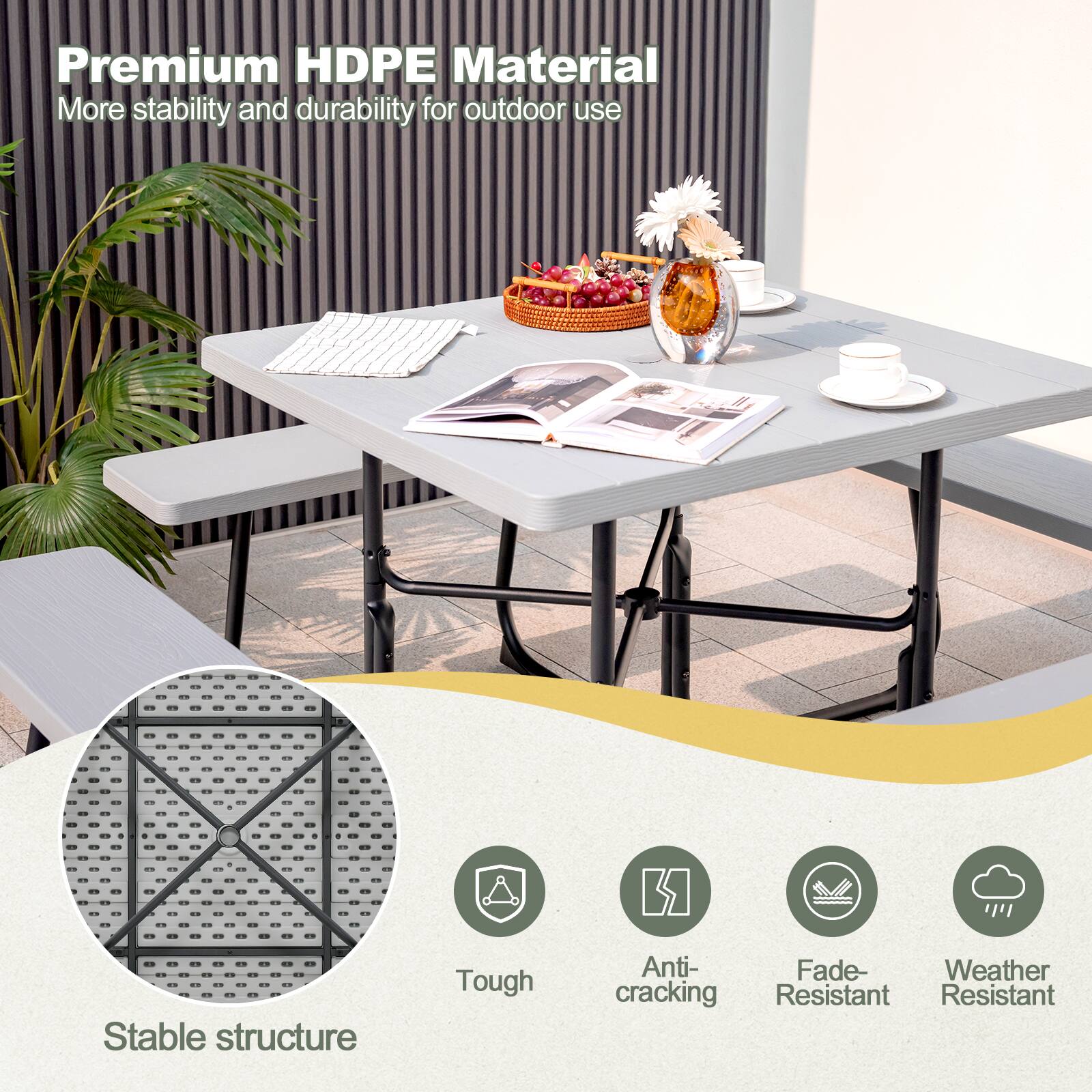 Premium HDPE Material  
More stability and durability for outdoor use  

- Stable structure  
- Tough  
- Anti-cracking  
- Fade-Resistant  
- Weather Resistant