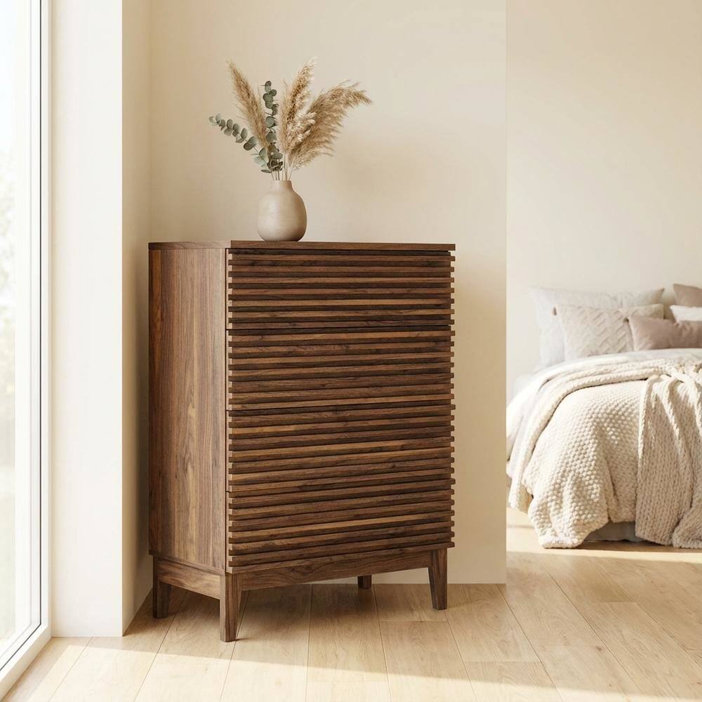 Angle. FurniFact - Brown 4-Drawer Chest with Modern Design and Durable Build - Brown.