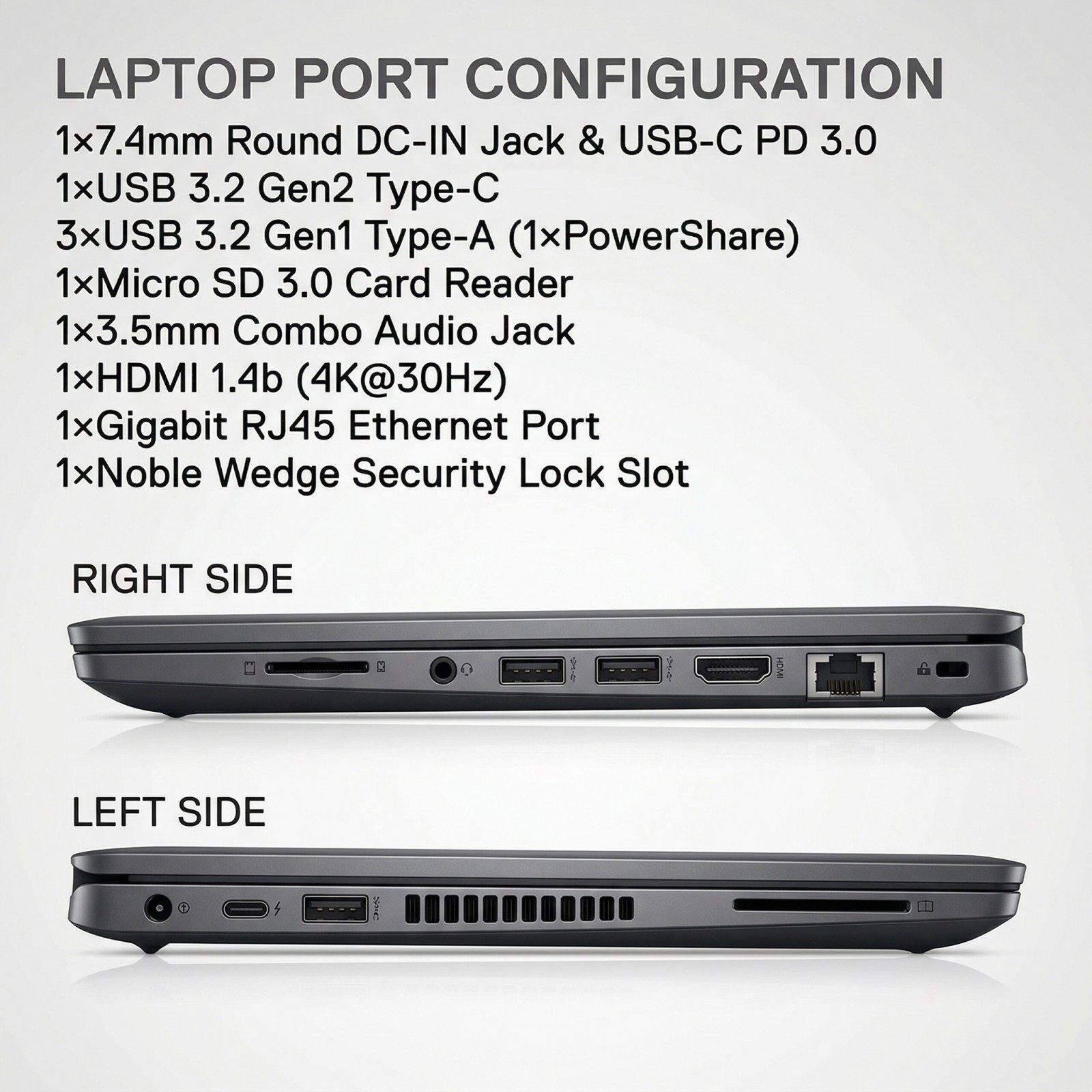 LAPTOP PORT CONFIGURATION

1x 7.4mm Round DC-IN Jack & USB-C PD 3.0  
1x USB 3.2 Gen2 Type-C  
3x USB 3.2 Gen1 Type-A (1x PowerShare)  
1x Micro SD 3.0 Card Reader  
1x 3.5mm Combo Audio Jack  
1x HDMI 1.4b (4K@30Hz)  
1x Gigabit RJ45 Ethernet Port  
1x Noble Wedge Security Lock Slot  

RIGHT SIDE  
LEFT SIDE