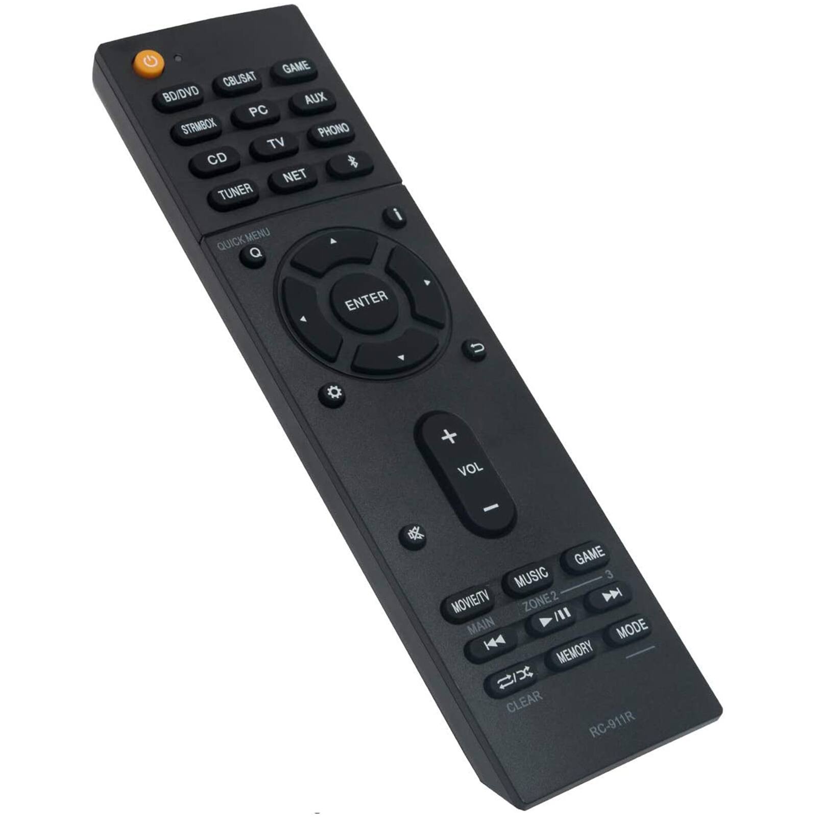 GAME CBLISAT BD/DVD AUX PC STRMBOX PHONO TV CD NET TUNER QUICK MENU Q  
ENTER  
VOL  
GAME MUSIC 3 MOVIE/TV ZONE2 2 MAIN MODE MEMORY x CLEAR RC-911R