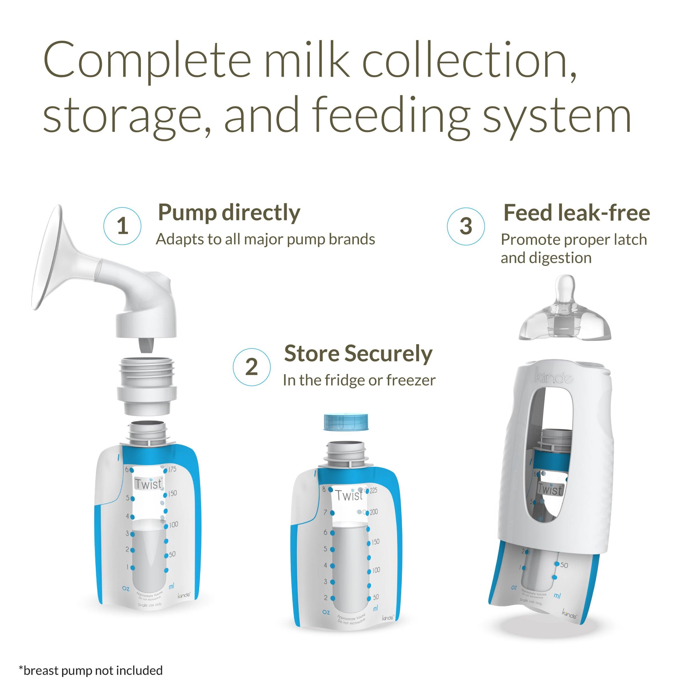 Complete milk collection, storage, and feeding system

1. Pump directly  
Adapts to all major pump brands

2. Store Securely  
In the fridge or freezer

3. Feed leak-free  
Promote proper latch and digestion

*breast pump not included