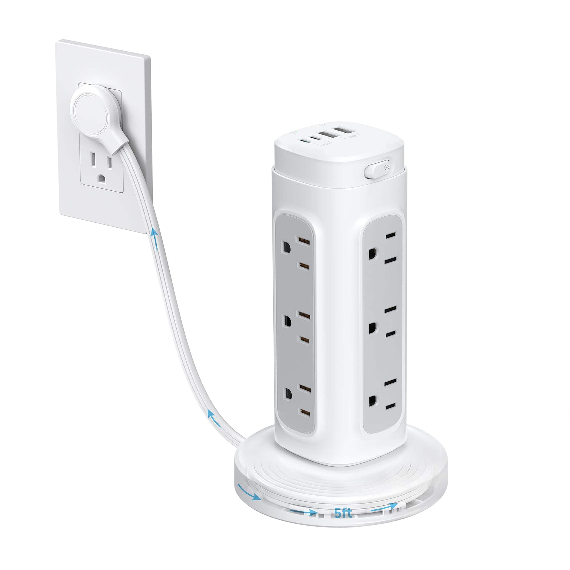 Dazzed Corner - Power Strip Tower, 5FT Flat Plug Extension Cord with 12 Outlets - White
