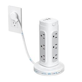 Dazzed Corner - Power Strip Tower, 5FT Flat Plug Extension Cord with 12 Outlets - White