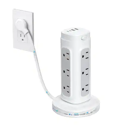 Front. Dazzed Corner - Power Strip Tower, 5FT Flat Plug Extension Cord with 12 Outlets - White.