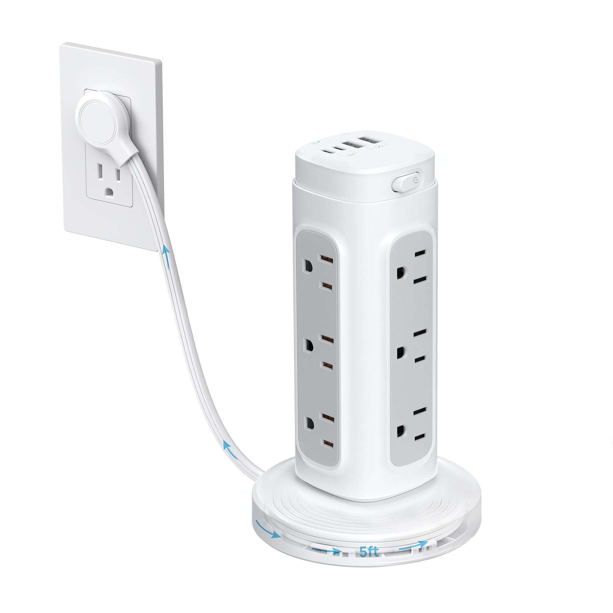 Front. Dazzed Corner - Power Strip Tower, 5FT Flat Plug Extension Cord with 12 Outlets - White.