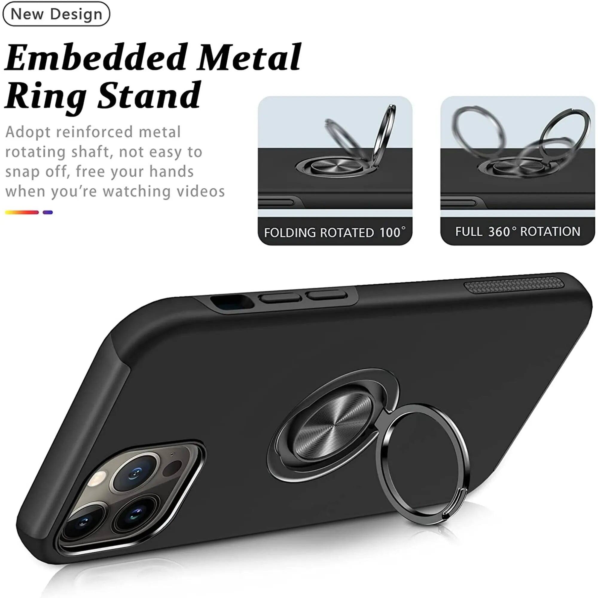 New Design Embedded Metal Ring Stand  
Adopt reinforced metal rotating shaft, not easy to snap off, free your hands when you're watching videos  
FOLDING ROTATED 100°  
FULL 360° ROTATION