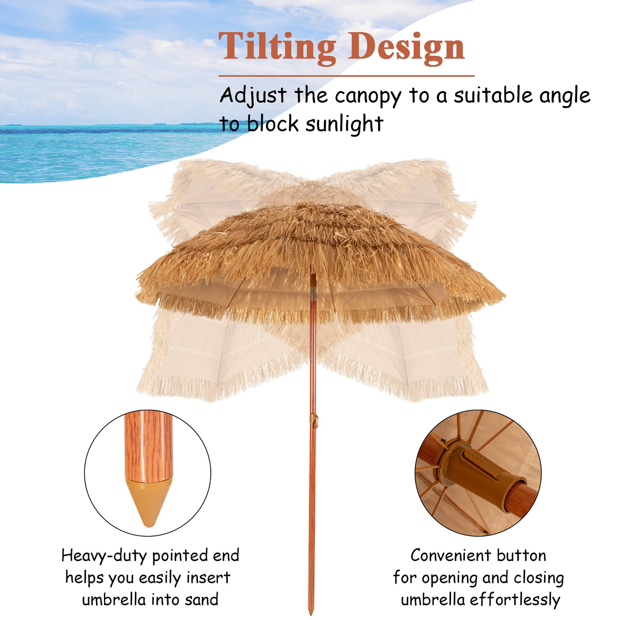 Tilting Design: Adjust the canopy to a suitable angle to block sunlight. Heavy-duty pointed end helps you easily insert umbrella into sand. Convenient button for opening and closing umbrella effortlessly.
