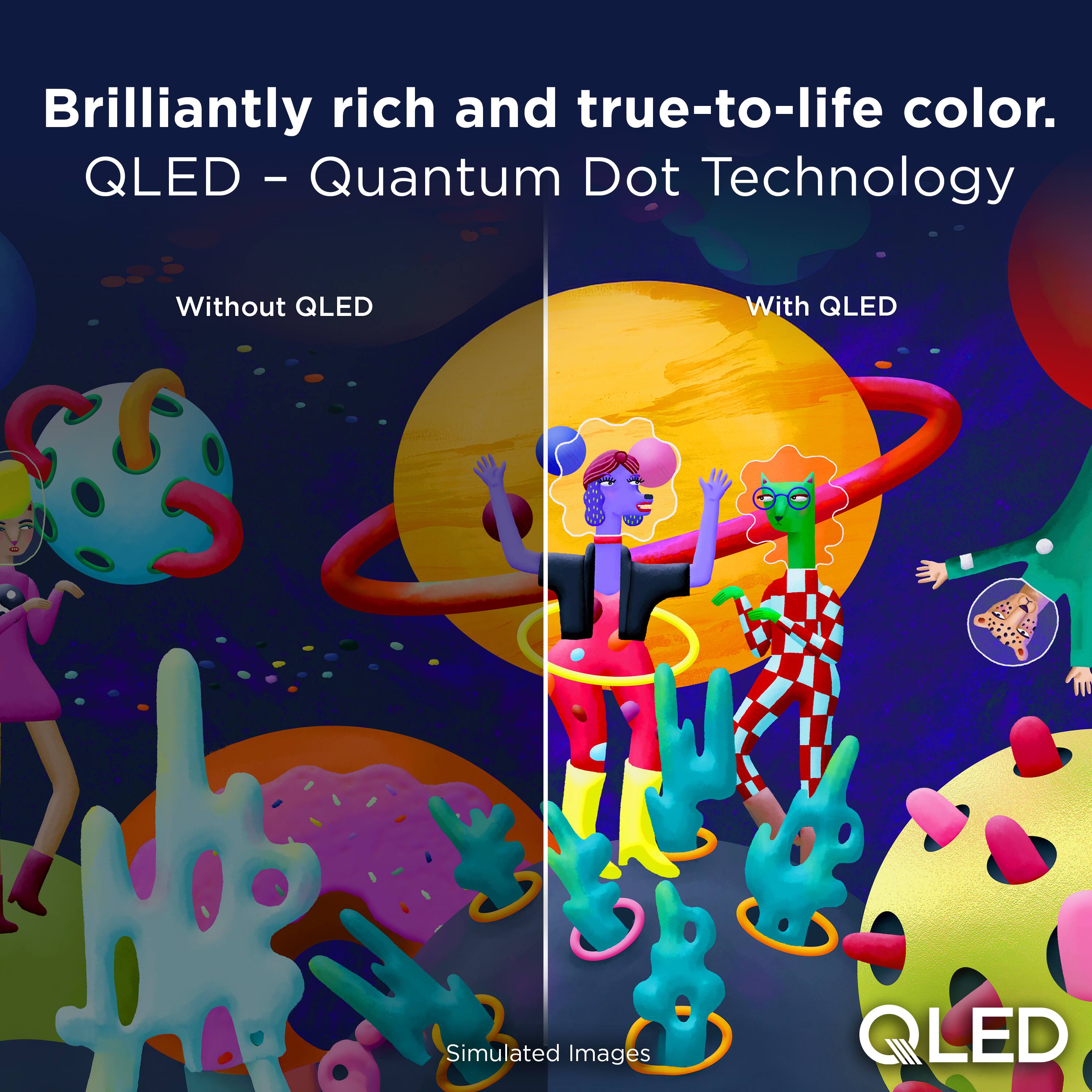 Brilliantly rich and true-to-life color.  
QLED - Quantum Dot Technology

Without QLED  
With QLED  
Simulated Images  
QLED