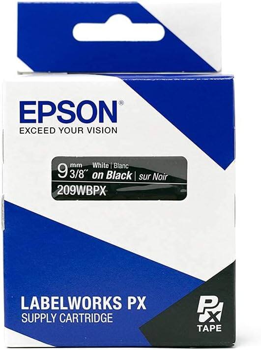 EPSON  
EXCEED YOUR VISION  

9 mm  
3/8" on Black | sur Noir  
White | Blanc  

209WBPX  

LABELWORKS PX  
SUPPLY CARTRIDGE  

PX TAPE