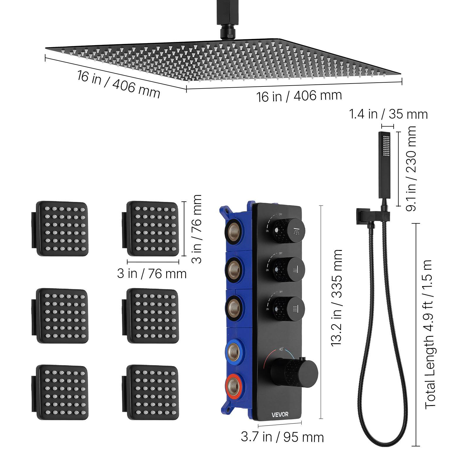 - 16 in / 406 mm
- 1.4 in / 35 mm
- 3 in / 76 mm
- 9.1 in / 230 mm
- 13.2 in / 335 mm
- 3.7 in / 95 mm
- Total Length: 4.9 ft / 1.5 m