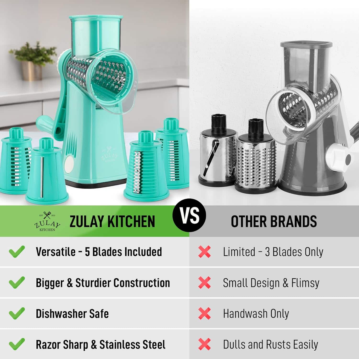 ZULAY KITCHEN vs OTHER BRANDS
ZULAY KITCHEN:
- Versatile - 5 Blades Included
- Bigger & Sturdier Construction
- Dishwasher Safe
- Razor Sharp & Stainless Steel
OTHER BRANDS:
- Limited - 3 Blades Only
- Small Design & Flimsy
- Handwash Only
- Dulls and Rusted Easily