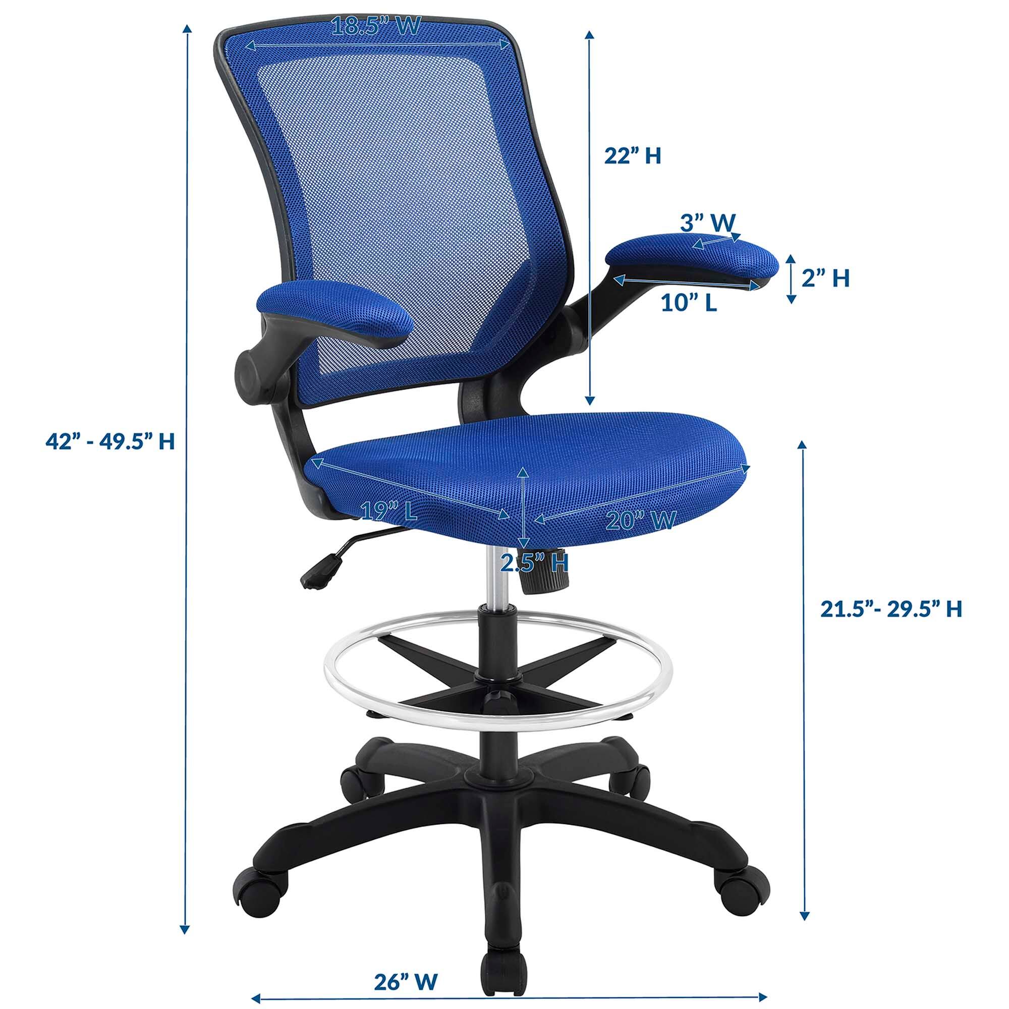 - Width: 18.5" W
- Height: 42" - 49.5" H
- Seat Width: 20" W
- Seat Depth: 19" L
- Armrest Width: 3" W
- Armrest Height: 2" H
- Back Height: 22" H
- Overall Height: 21.5" - 29.5" H
- Base Width: 26" W