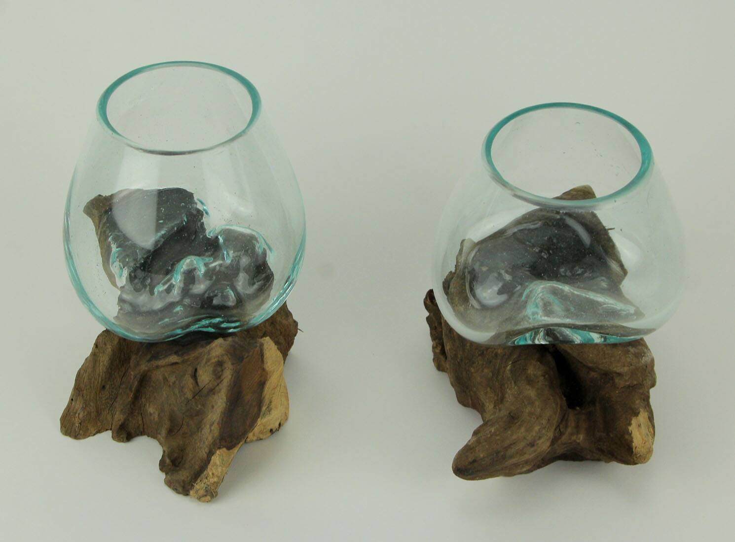 Alt View 1. Zeckos - Molten Glass On Teak Driftwood Decorative Bowl Vase Terrarium Planter Set of 2 - Brown.