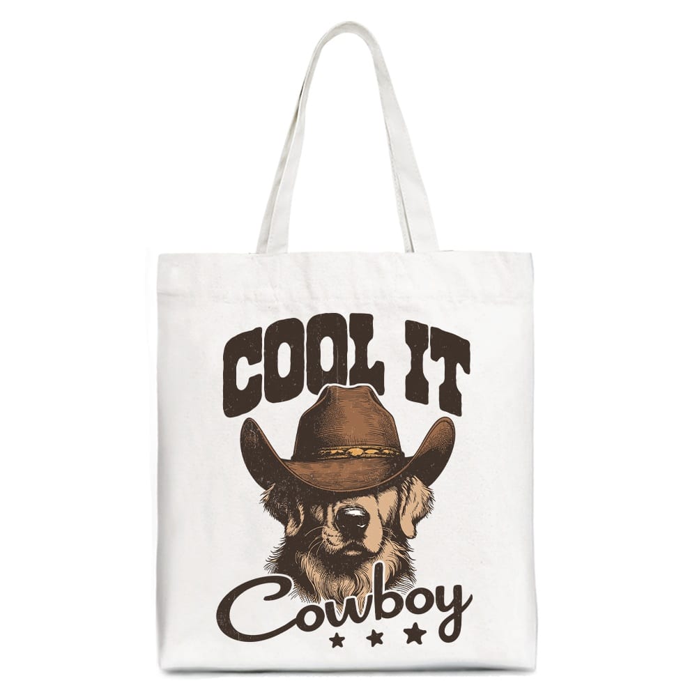 OrnamentallyYou - Cool It Cowboy Canvas Tote Bag With Western Dog, Retro Golden Retriever Gift Shopper for Country Lover - White
