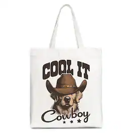 OrnamentallyYou - Cool It Cowboy Canvas Tote Bag With Western Dog, Retro Golden Retriever Gift Shopper for Country Lover - White