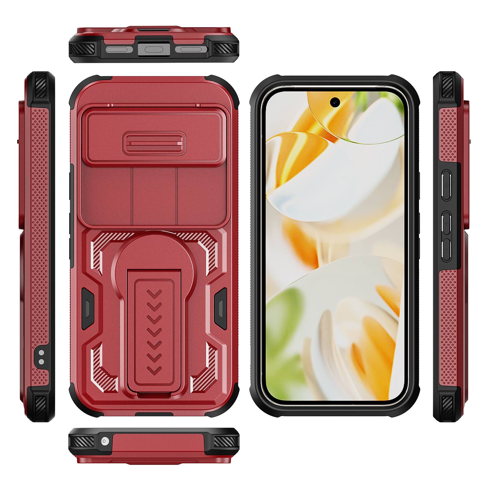Alt View 4. Dteck - Rugged Stand Case for Google Pixel 10 / 10 Pro/Pixel 9 / 9 Pro,Heavy Duty Cover With Sliding Lens Cover+Tempered Glass - Red.