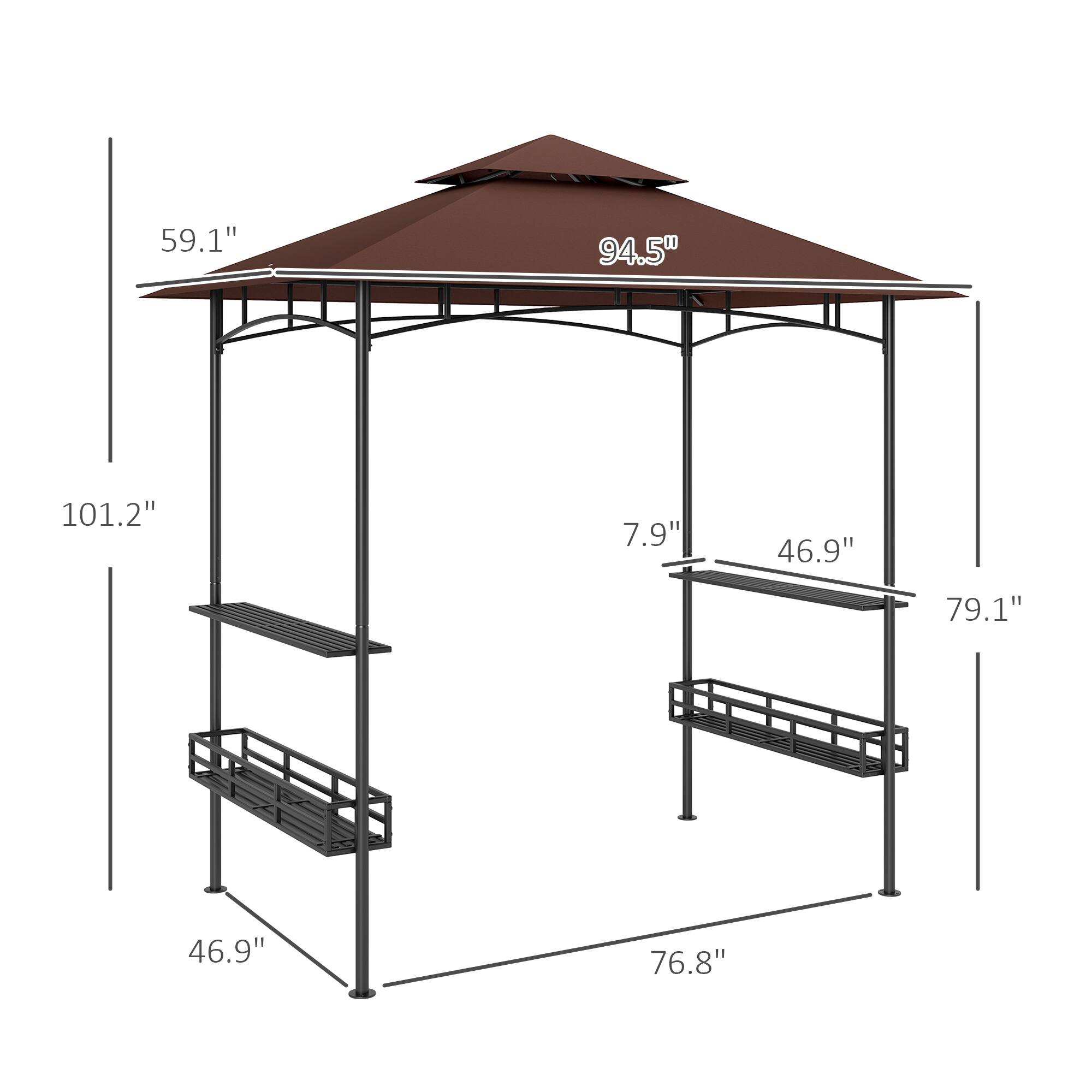 The text on the image is grouped as follows:

- 94.5" (Width of the roof)
- 59.1" (Height of the roof)
- 101.2" (Height of the structure)
- 7.9" (Width of the side shelf)
- 46.9" (Width of the bottom shelf)
- 79.1" (Height of the side shelf)
- 46.9" (Width of the bottom shelf)
- 76.8" (Length of the structure)