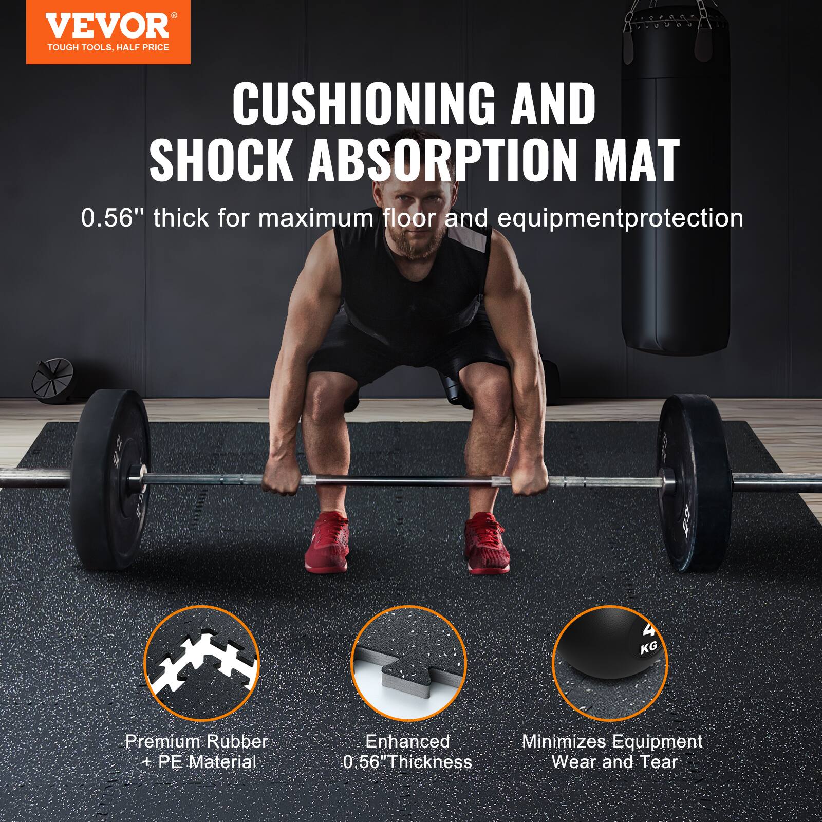 VEVOR TOUGH TOOLS, HALF PRICE CUSHIONING AND SHOCK ABSORPTION MAT 0.56" thick for maximum floor and equipment protection 4 KG Premium Rubber + PE Material Enhanced 0.56 Thickness Minimizes Equipment Wear and Tear
