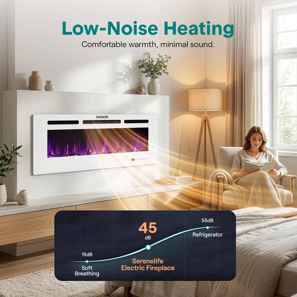 Low-Noise Heating  
Comfortable warmth, minimal sound.  

SereneLife Electric Fireplace  
45 dB  
Soft Breathing  
15 dB  
Refrigerator  
55 dB
