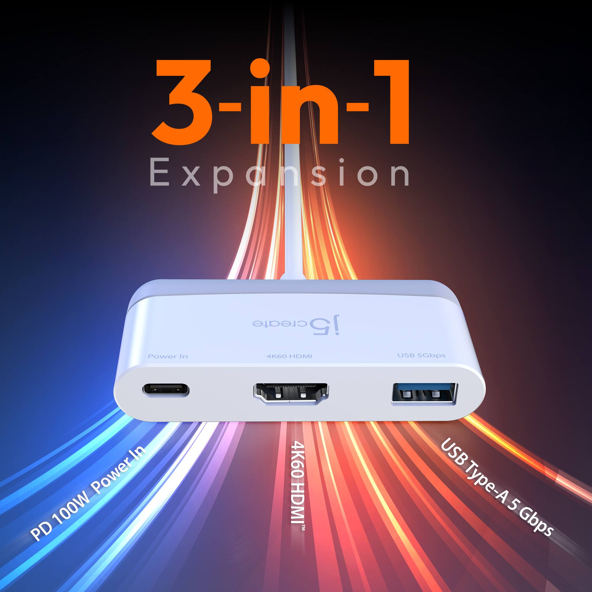 3-in-1 Expansion

Create j5 Power in RLEVE HDMI USH

Power In 100W PD 4K60 HDMI i USB Type-A 5 Gbps
