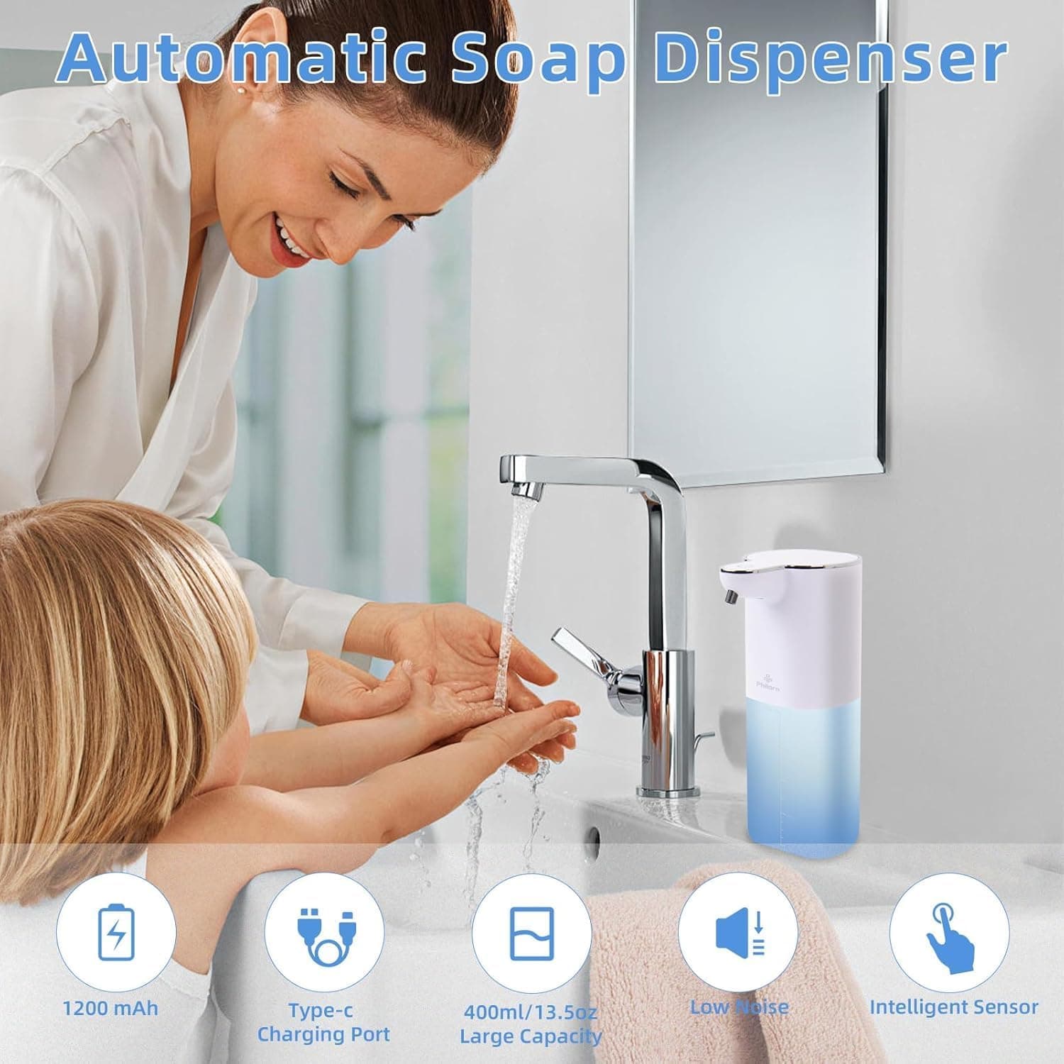 Automatic Soap Dispenser

- 1200 mAh
- Type-c Charging Port
- 400ml/13.5oz Large Capacity
- Low Noise
- Intelligent Sensor